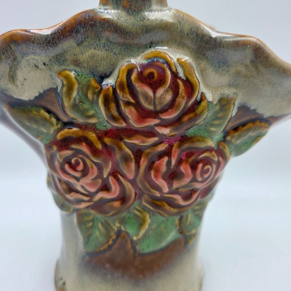 Vintage Multicolor Ceramic Rose Basket Vase Handled Mid-Century Floral Decor - Picture 2 of 3